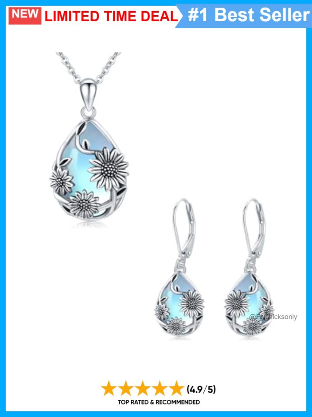 925 Sterling Silver Sunflower Moonstone Teardrop Pendant Necklace Gift